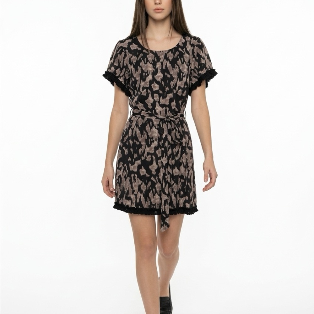 Umgee Black & Taupe Short Animal-Print Dress with Tie Belt